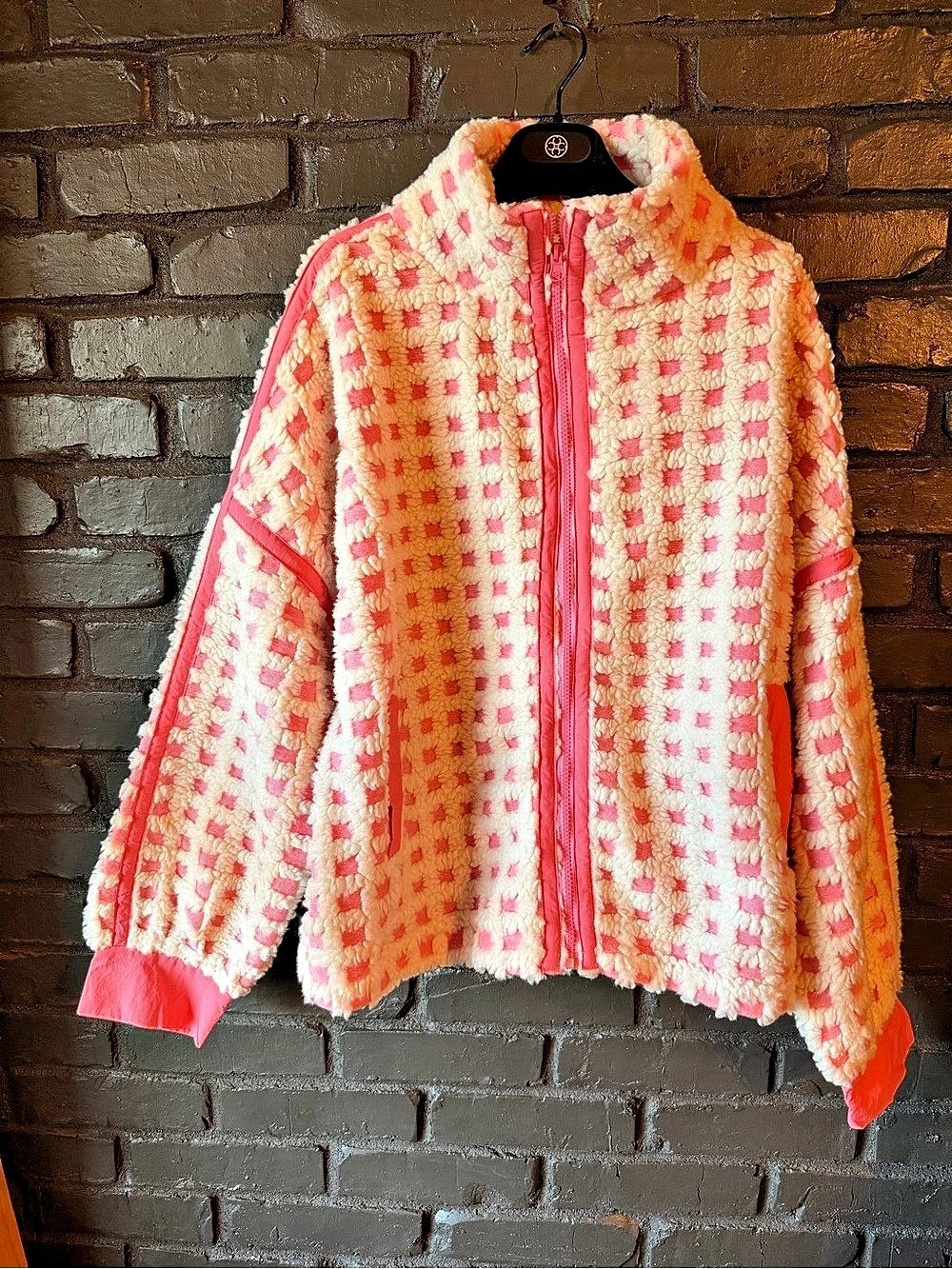 Newry Check It Twice Fleece Jacket Checkered Fleece Jacket in Pink & Cream Size